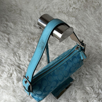 COACH Signature Baguette Hampton Semi Demi Hand Bag Blue F/S Used 665