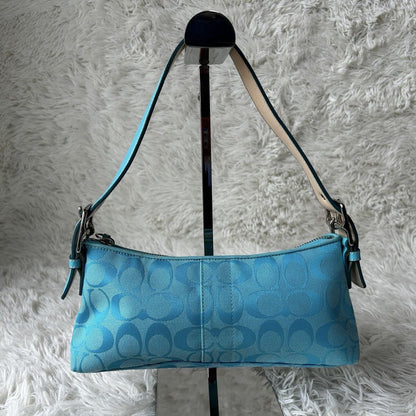 COACH Signature Baguette Hampton Semi Demi Hand Bag Blue F/S Used 665
