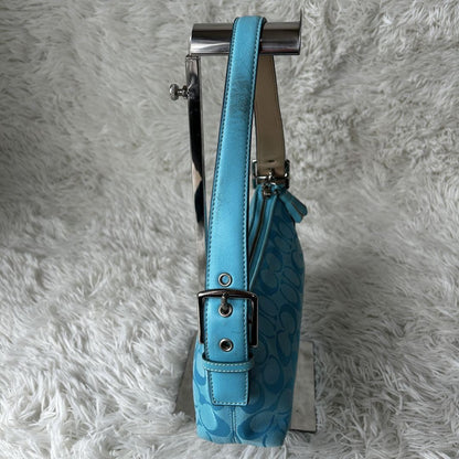 COACH Signature Baguette Hampton Semi Demi Hand Bag Blue F/S Used 665